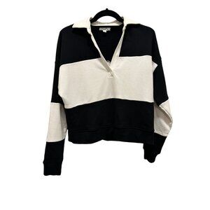 Evereve Black and White Color Block Collared Crop Sweatshirt sz XS